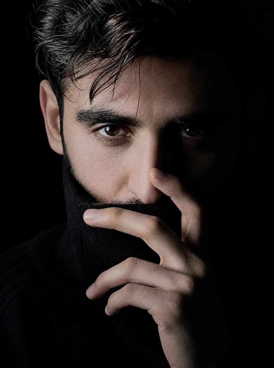 Chiaroscuro High-Contrast Male Portrait with expressive portrait lighting, detailed styling and a polished editorial mood