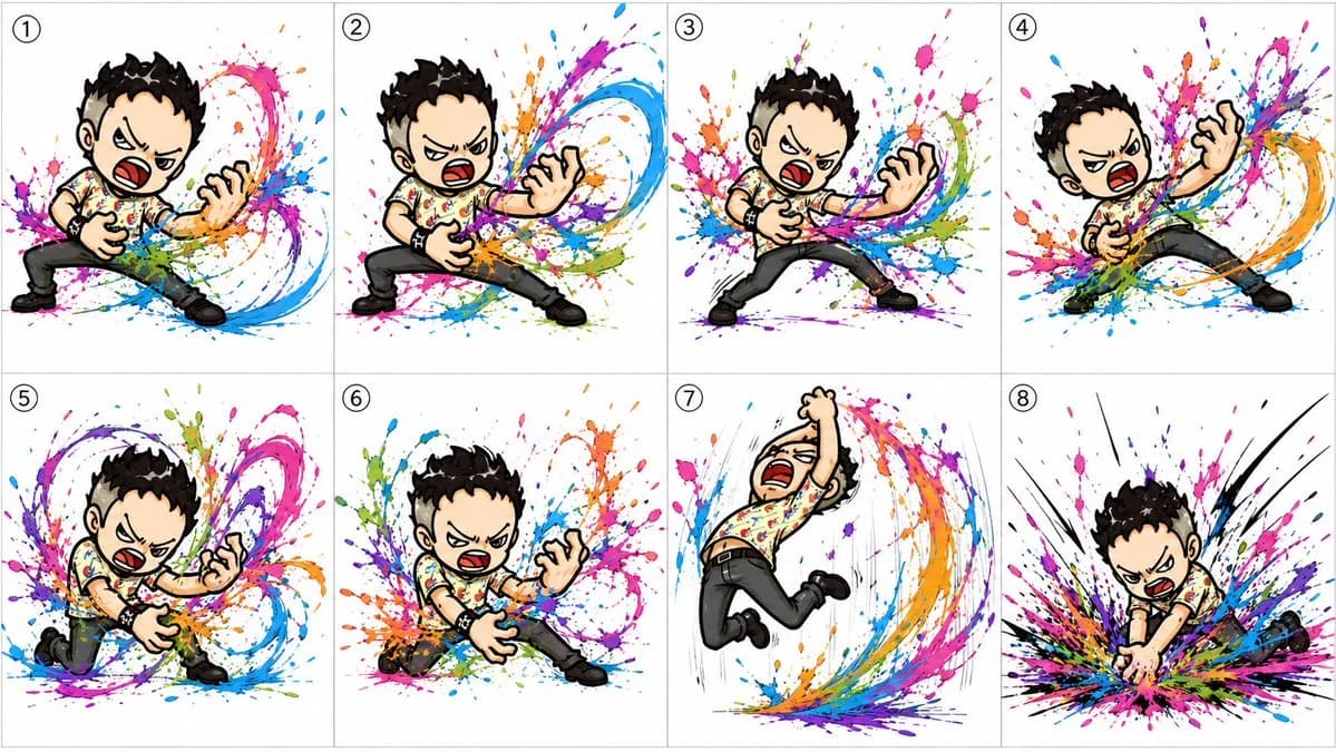 Colorful 8-panel chibi punk air-guitar storyboard with paint-splash motion effects