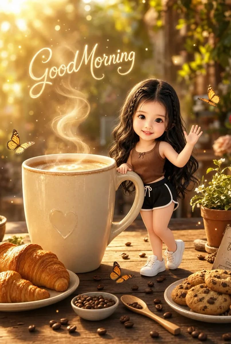 A prompt to transform a reference subject into a cute 3D Pixar-style chibi character in a cozy morning café setting with magical coffee steam