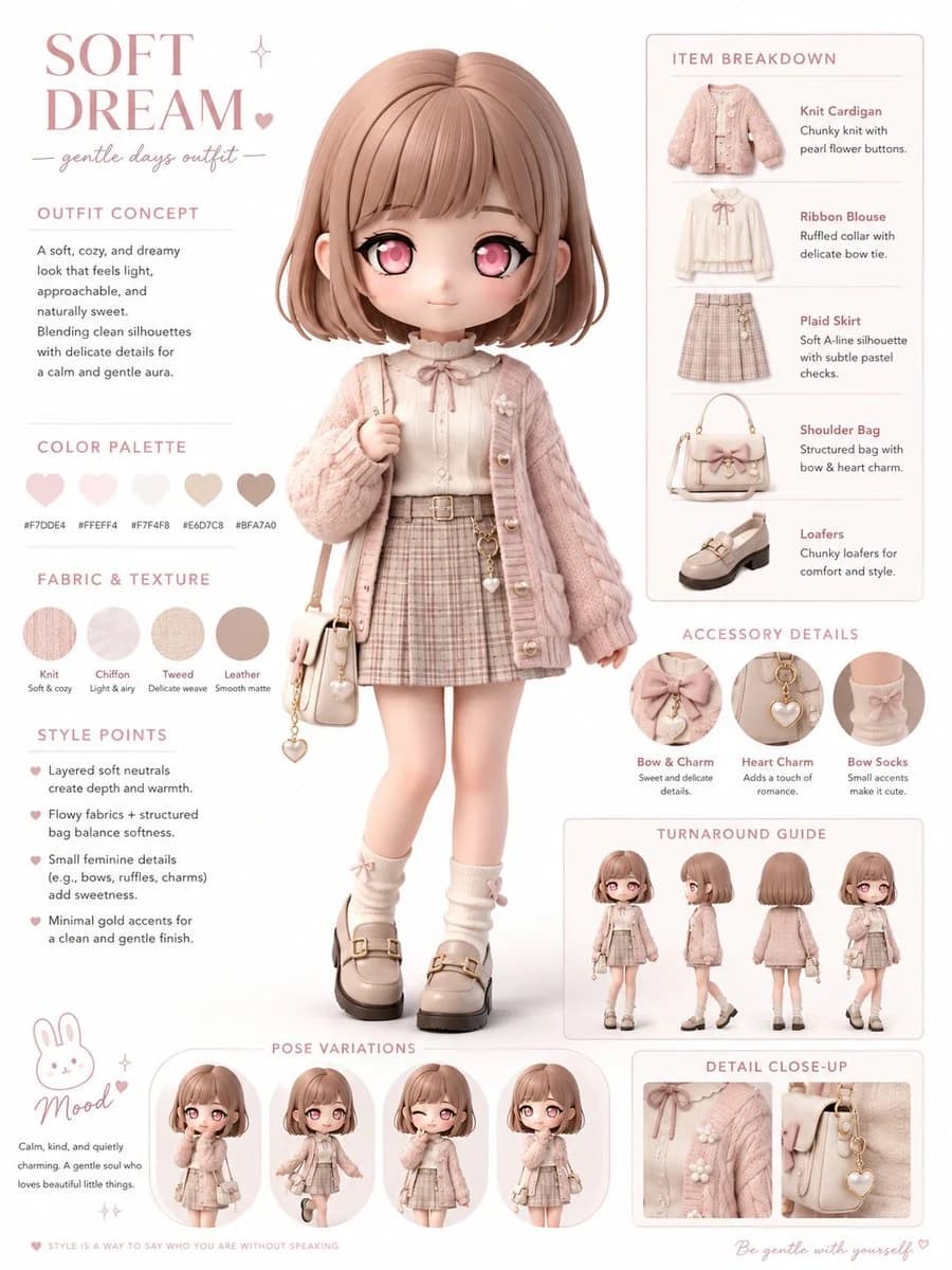 A polished 3D chibi character stands in a fashion infographic with outfit callouts, fabric swatches and styling notes