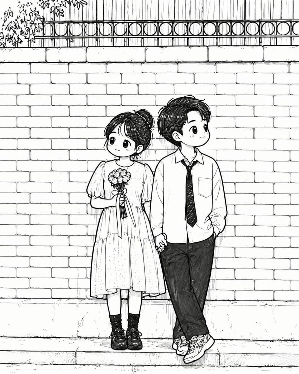 Two chibi characters stand side by side against a brick wall, one holding flowers and both displaying cheerful expressions.