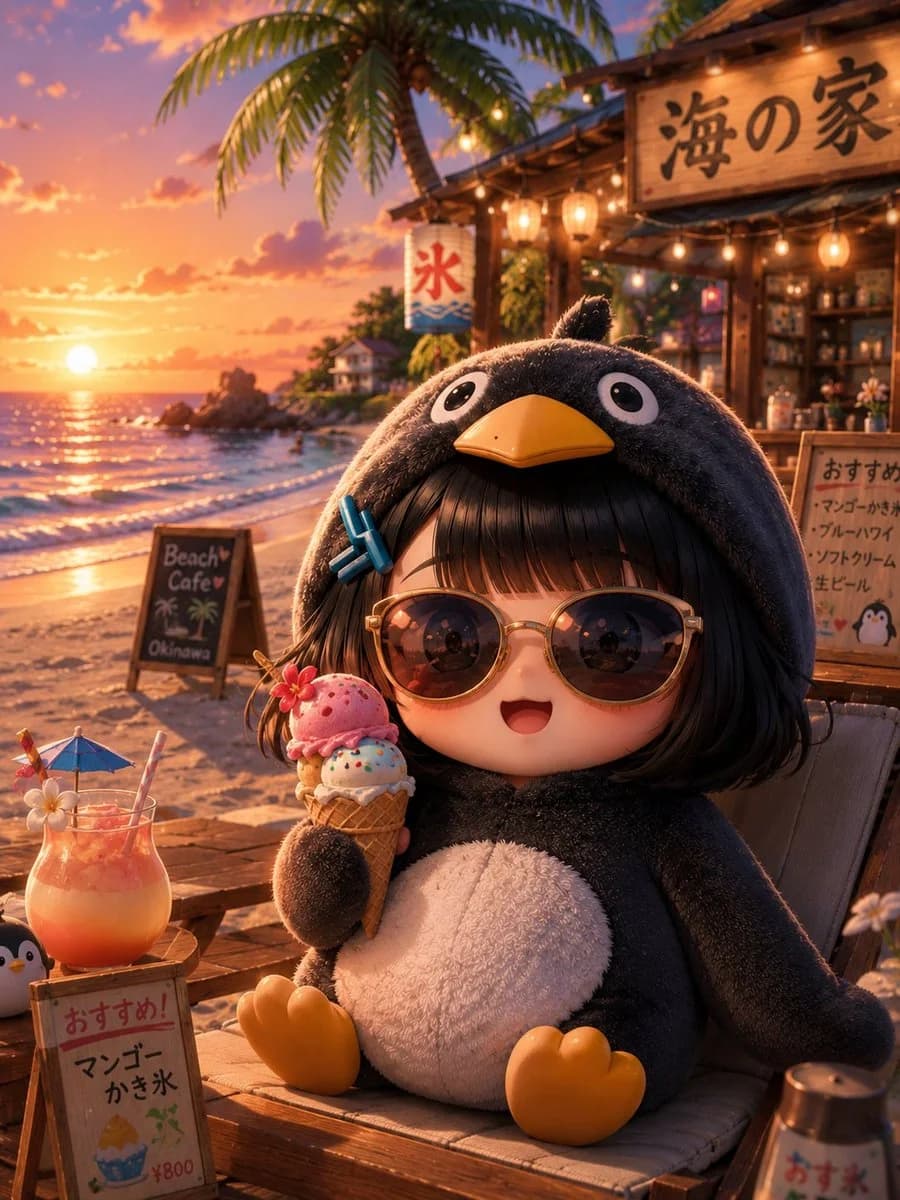 Chibi Penguin Hoodie Beach Sunset poster GPT Image 2 prompt example
