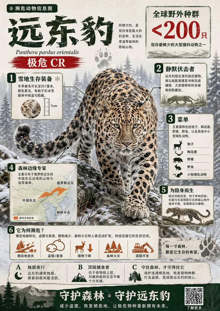 Chinese wildlife infographic poster with a photorealistic animal, annotated callouts, and habitat diagrams