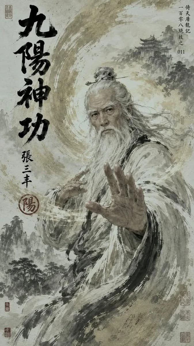 Chinese wuxia master in flowing robes posed for a dramatic martial arts poster