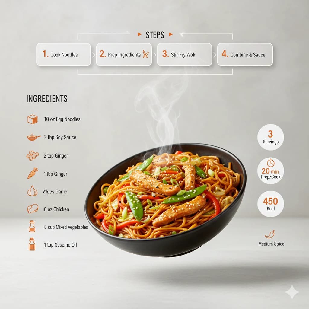Modern chowmein recipe infographic with plated noodles, ingredient icons, cooking steps and clean social-feed layout
