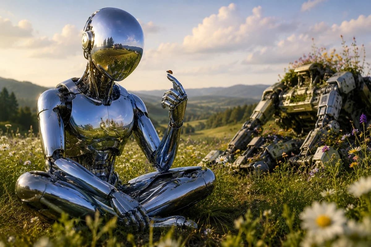 Chrome Robot Wondering in Meadow storyboard visual