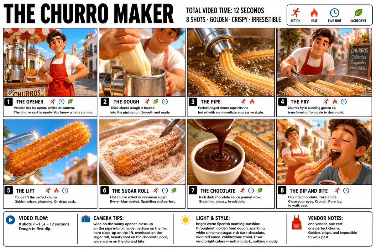 Storyboard poster documenting churro preparation with food process panels, warm kitchen details and final dessert hero shot