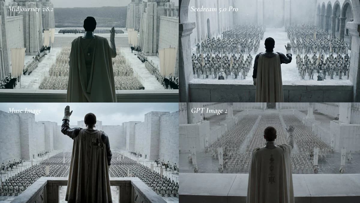 Cinematic AI Model Comparison Grid with side-by-side visual comparison, clear panel structure and readable style contrast