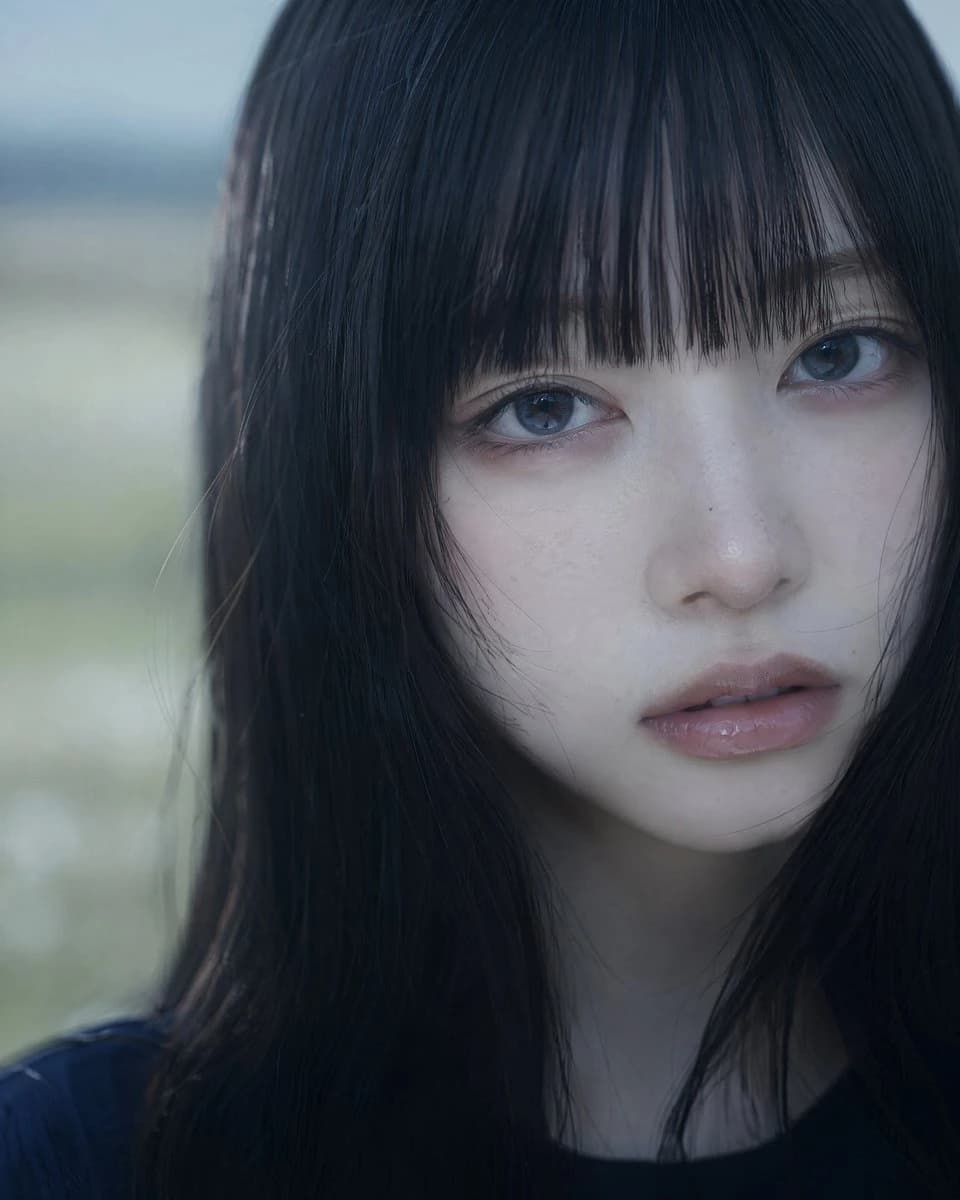 Cinematic close-up portrait of an Asian woman with soft facial detail, delicate freckles, and polished vertical framing.
