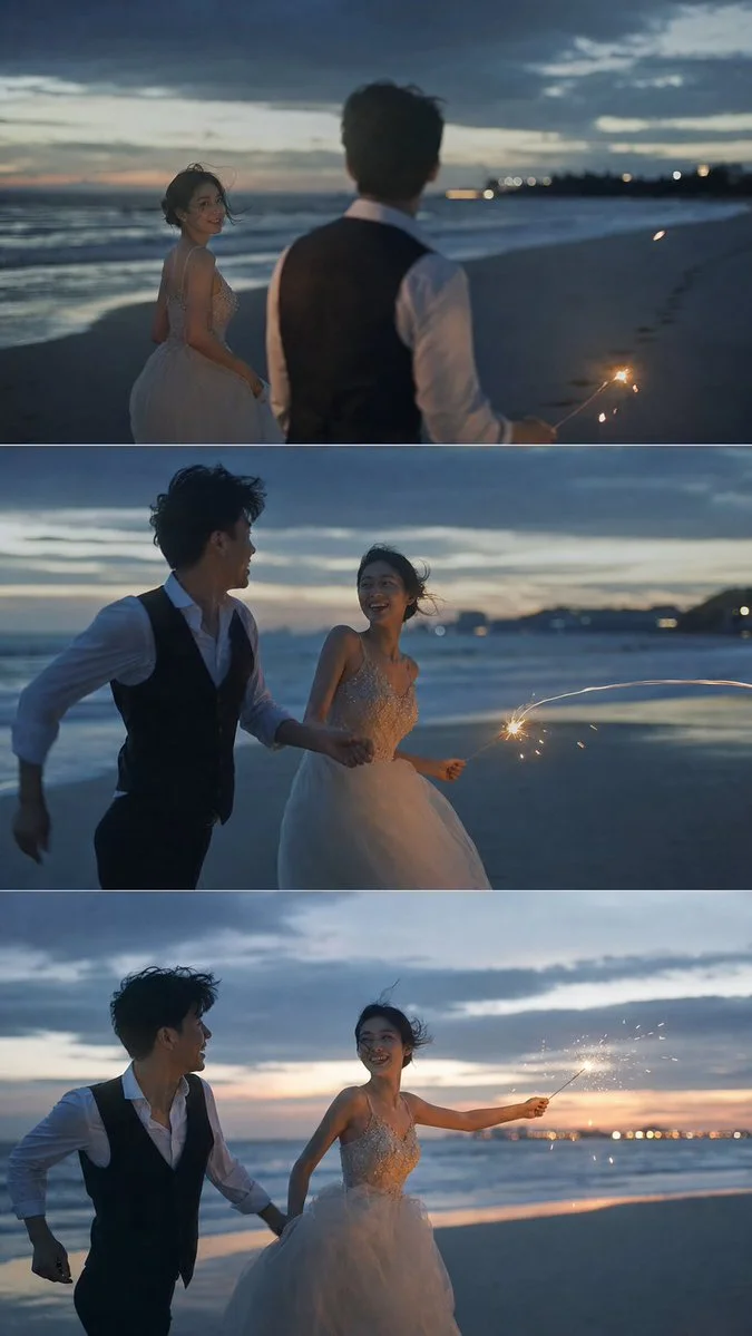 A three-panel romantic beach wedding scene with a bride and groom running at dusk while holding sparklers