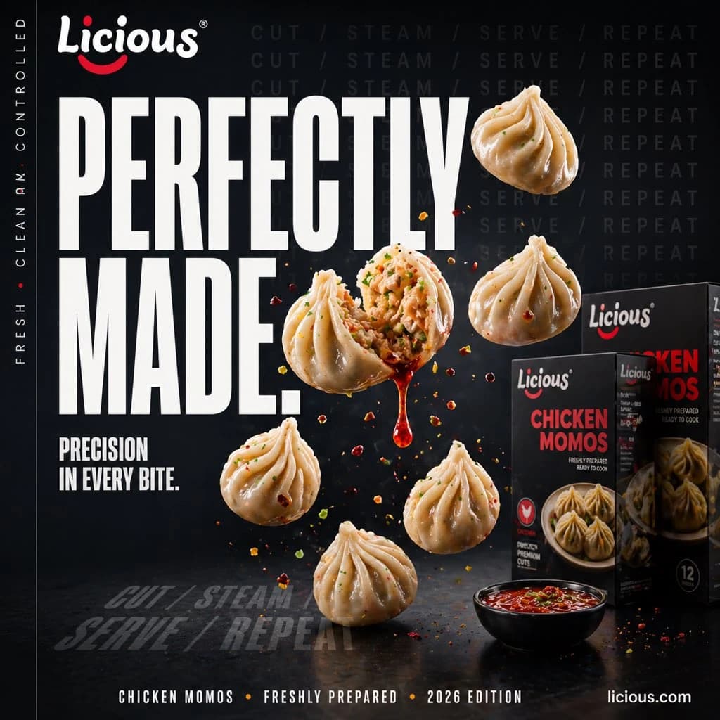 Hyper-realistic advertisement poster featuring floating Chicken Momos with bold text "PERFECTLY MADE." and a dark, moody background