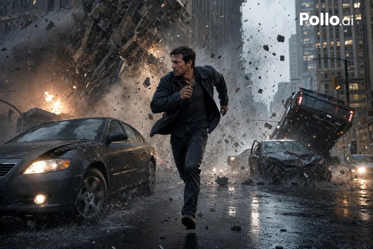A dark-haired man in a soaked jacket runs through a rain-soaked city street, as a massive explosion sends debris and smoke into the air