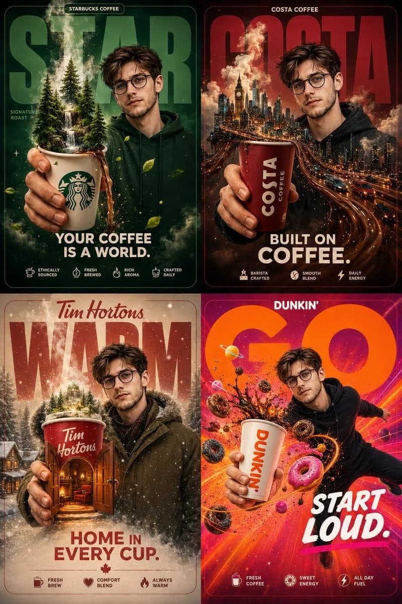 Cinematic Coffee Campaign Collage ad creative with product-focused composition, campaign styling and commercial lighting