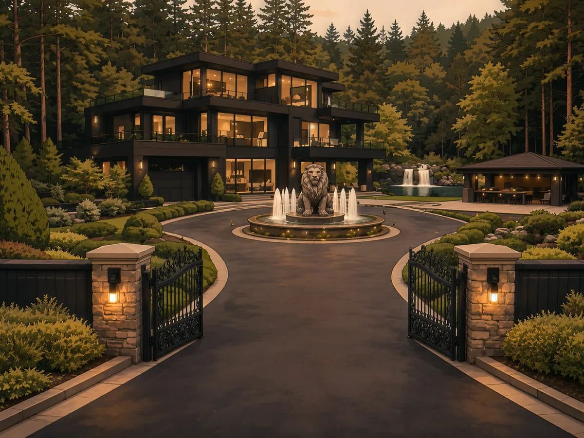 Cinematic contact sheet centers a glowing gated mansion estate at dusk with surrounding driveway and forest