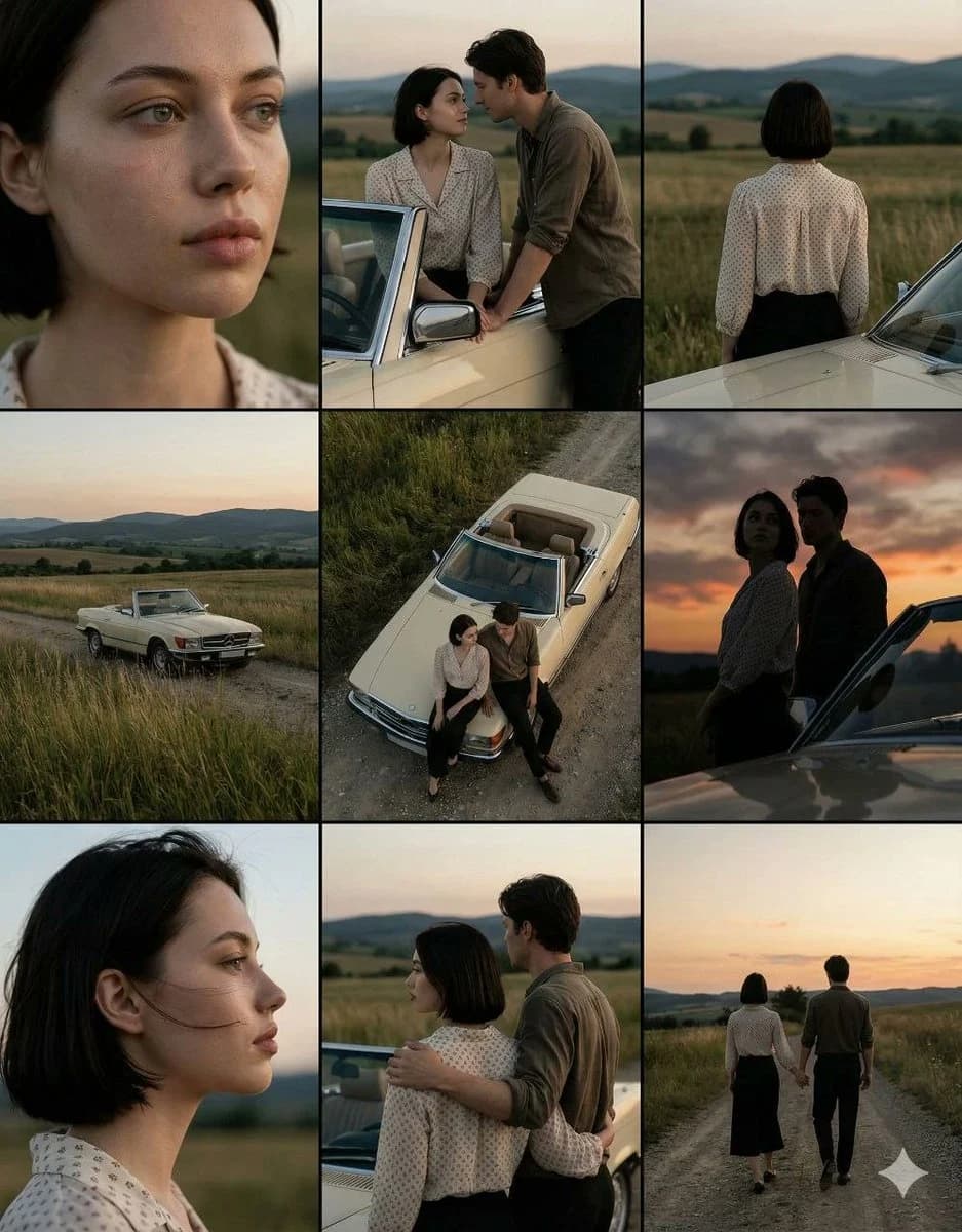 Cinematic Countryside Road Stop Film Still Grid storyboard visual