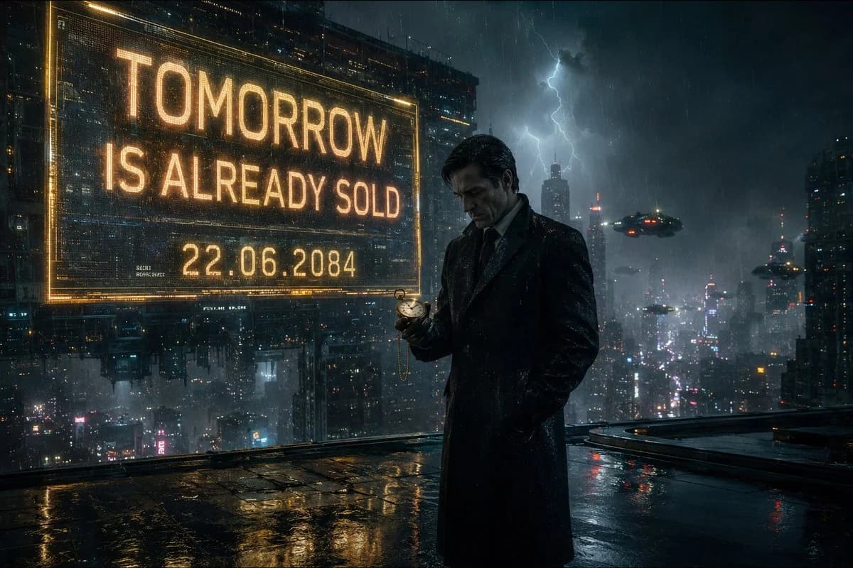 Cinematic cyberpunk neo-noir scene of a mysterious businessman in a rain-soaked futuristic city