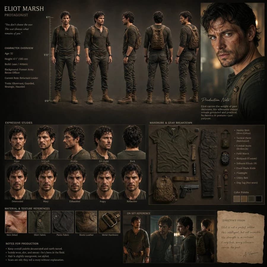 Cinematic film character design board with asymmetrical production-layout styling, concept portraits, and story-driven details.