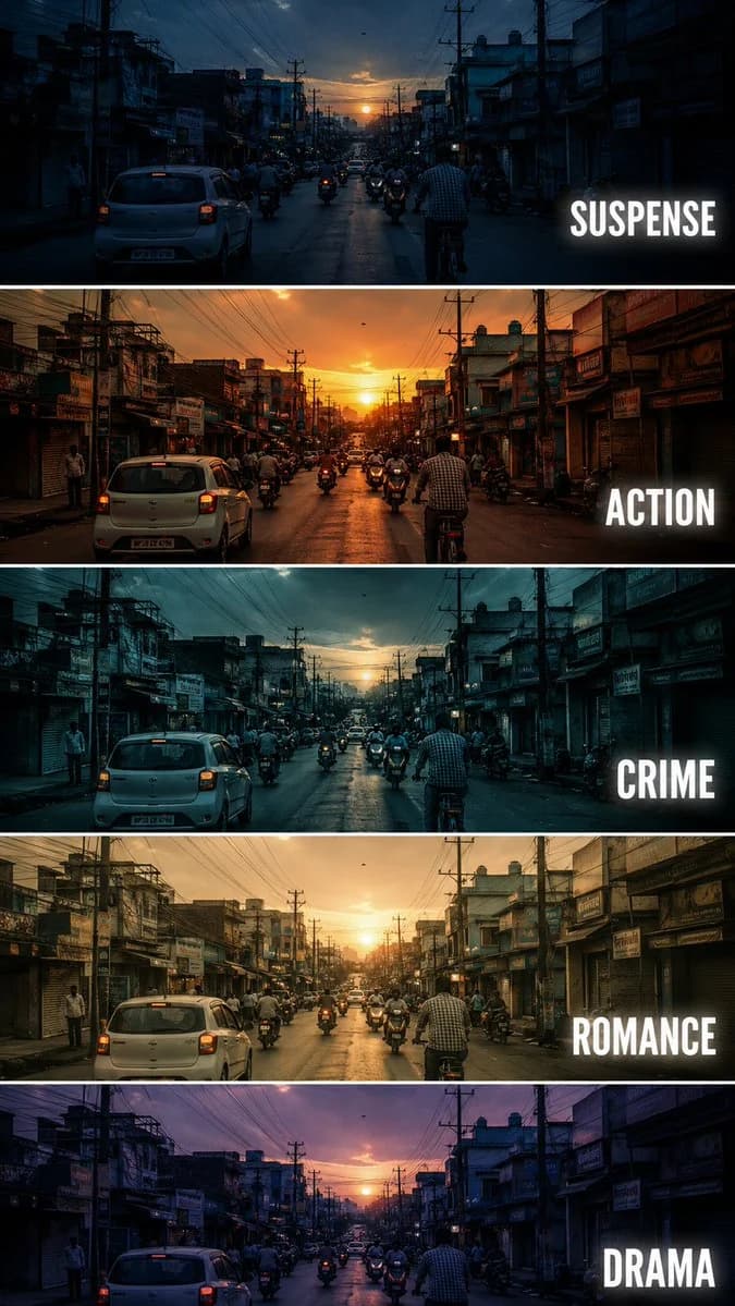 Cinematic Film Genre Color Grading Comparison with scroll-ready composition, strong focal subject, and polished social post styling