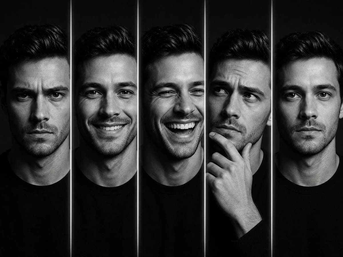 Black-and-white five-panel portrait of one man showing distinct cinematic expressions