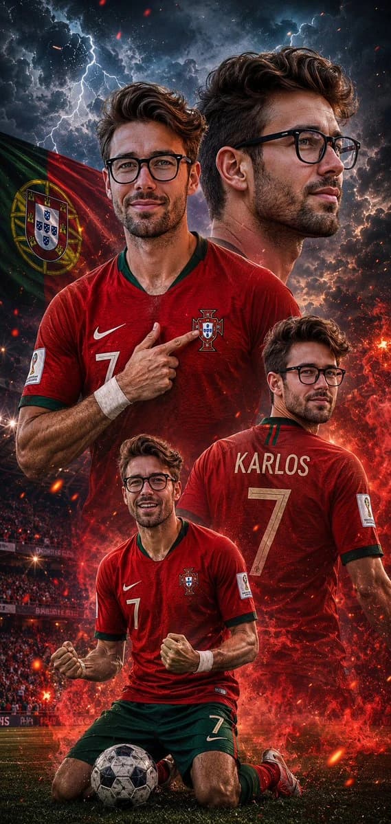 A young male footballer in a Portugal jersey poses against a stormy backdrop with vibrant colors.