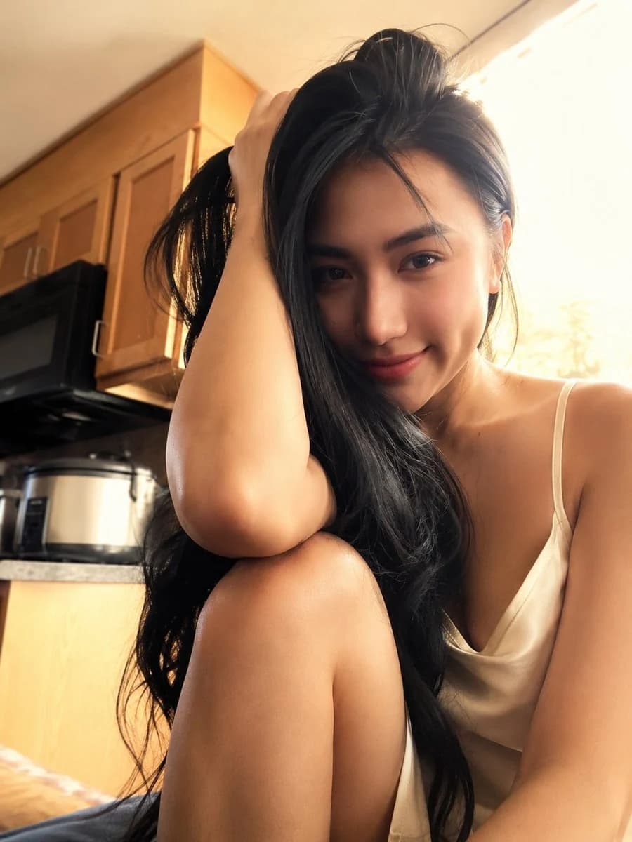 Golden-hour lifestyle portrait of a woman in a sunlit apartment with soft realistic texture