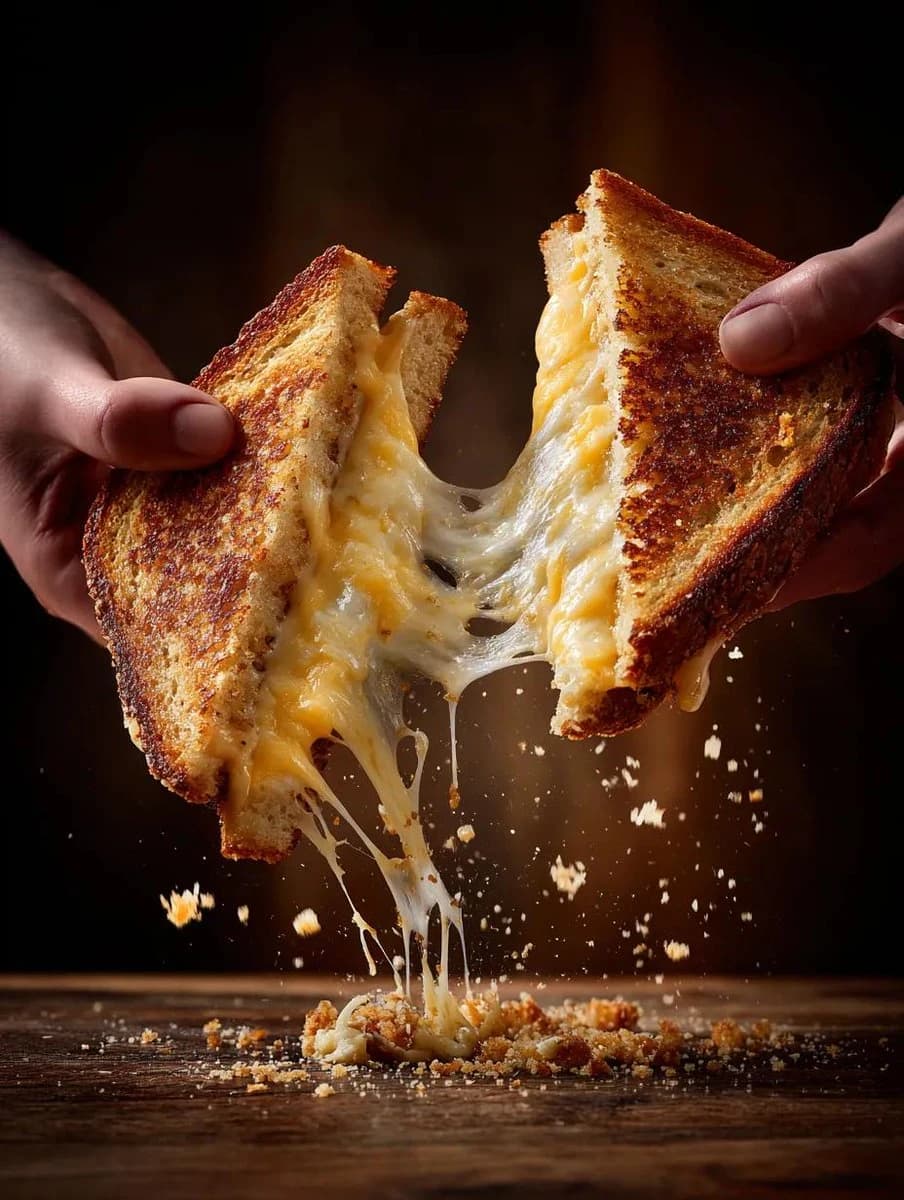 Cinematic close-up of grilled cheese halves being pulled apart with melted cheese stretching between them