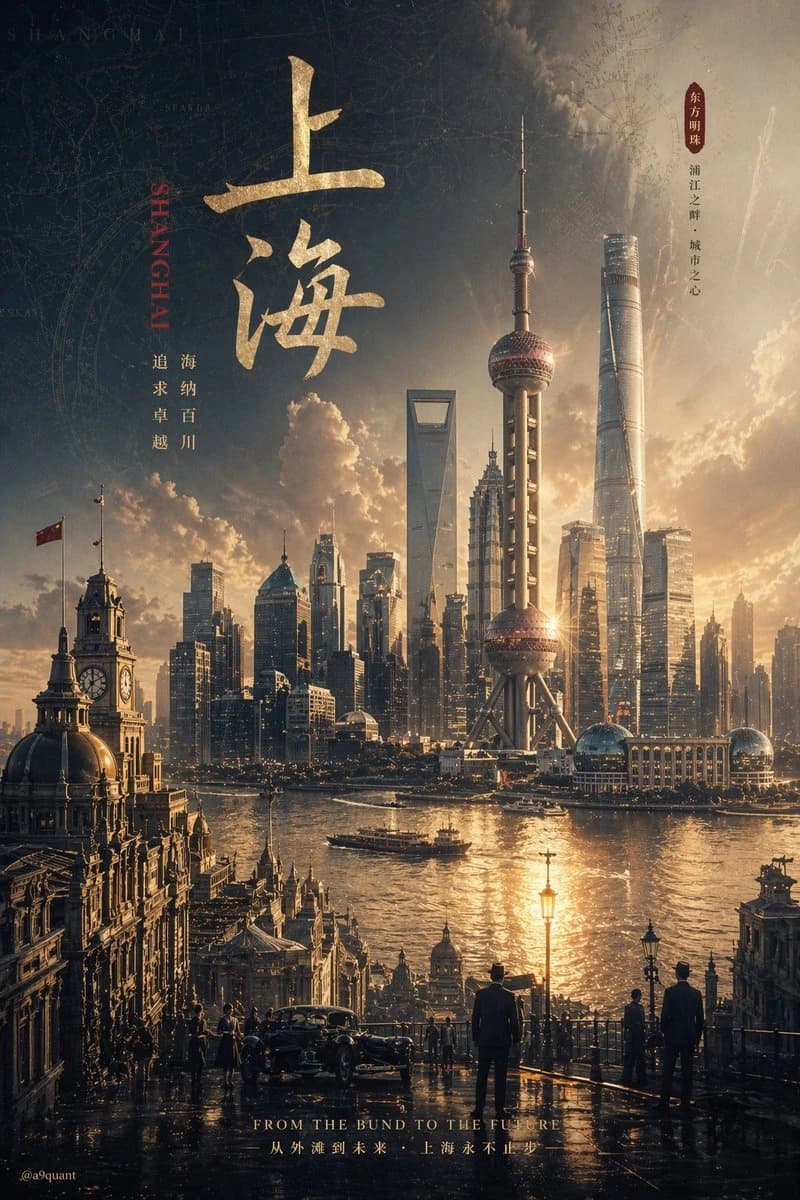 A detailed cinematic infographic poster showcases the skyline of Shanghai, blending historical architecture with futuristic skyscrapers under dramatic lighting