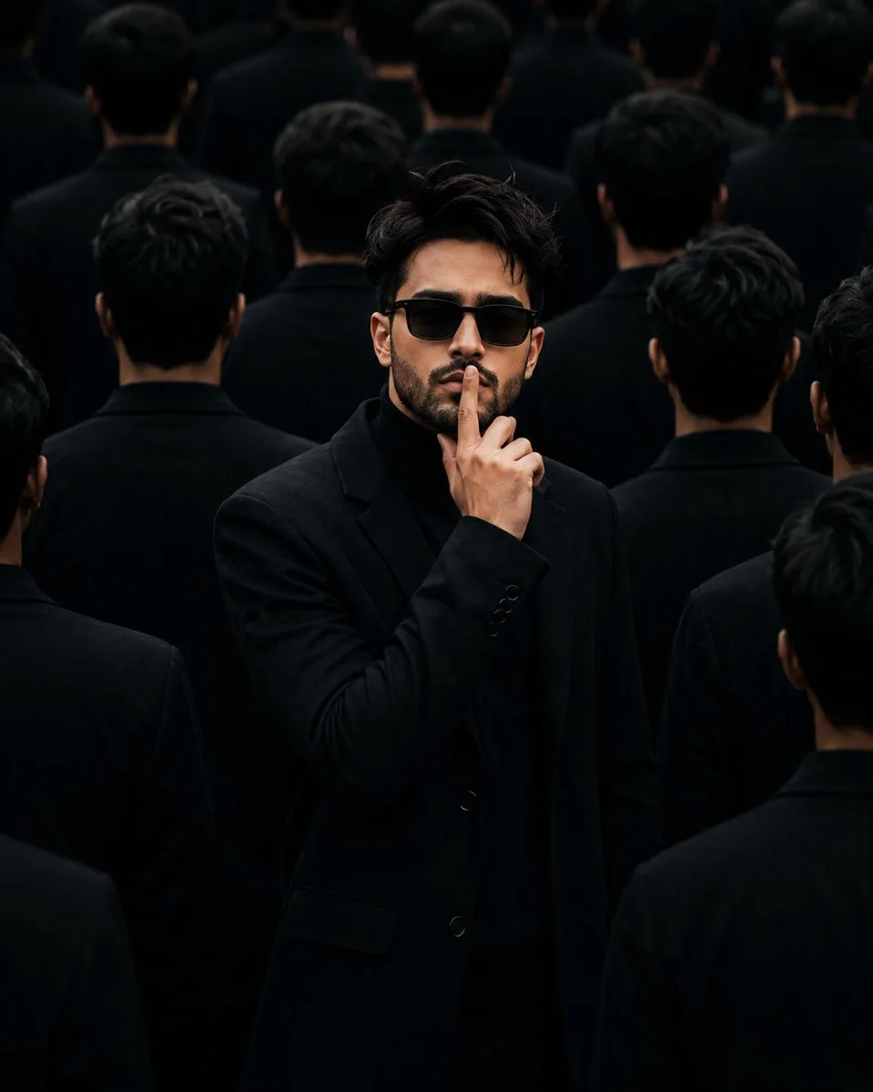 A prompt designed to create a hyper-realistic cinematic portrait while preserving specific facial identity, featuring a subject in a mysterious pose within a crowd