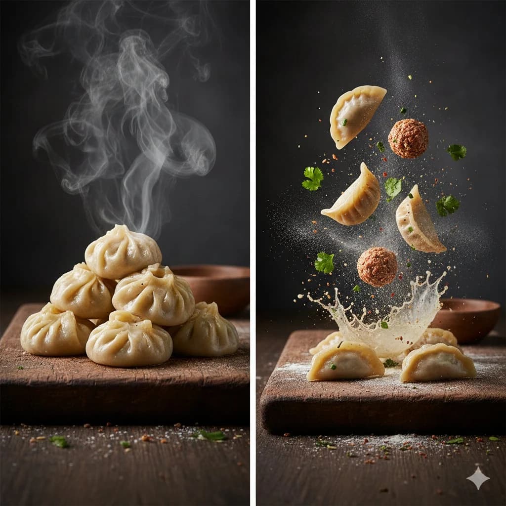 Cinematic Steamed Momo Photography with polished product presentation, commercial detail, and shop-ready composition