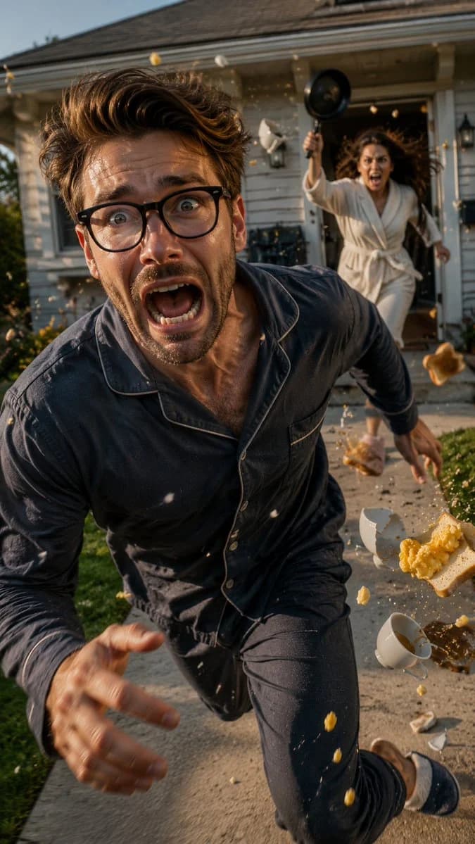 Cinematic suburban chase scene with dynamic action framing, dramatic lighting, and film-still composition