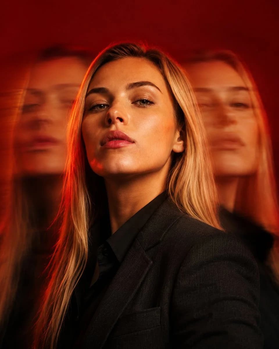 A cinematic triple exposure portrait features a woman in a charcoal blazer against a rich crimson background, exuding calm determination.