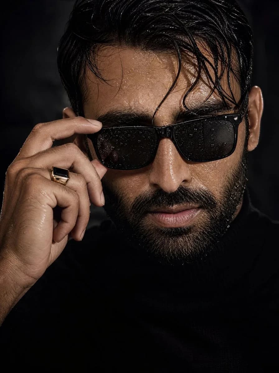 A close-up portrait of a confident young man with wet skin and hair, wearing black sunglasses while adjusting the frame with one hand.