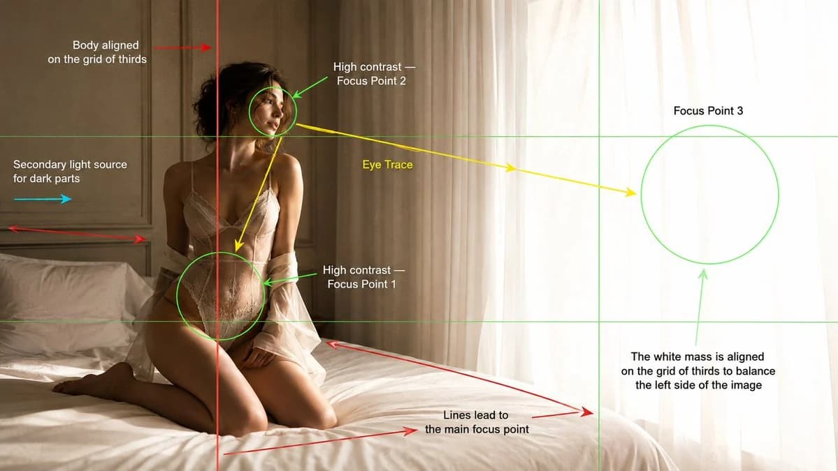 Fashion editorial bedroom photo overlaid with rule-of-thirds grids, focus circles and lighting arrows for cinematography analysis