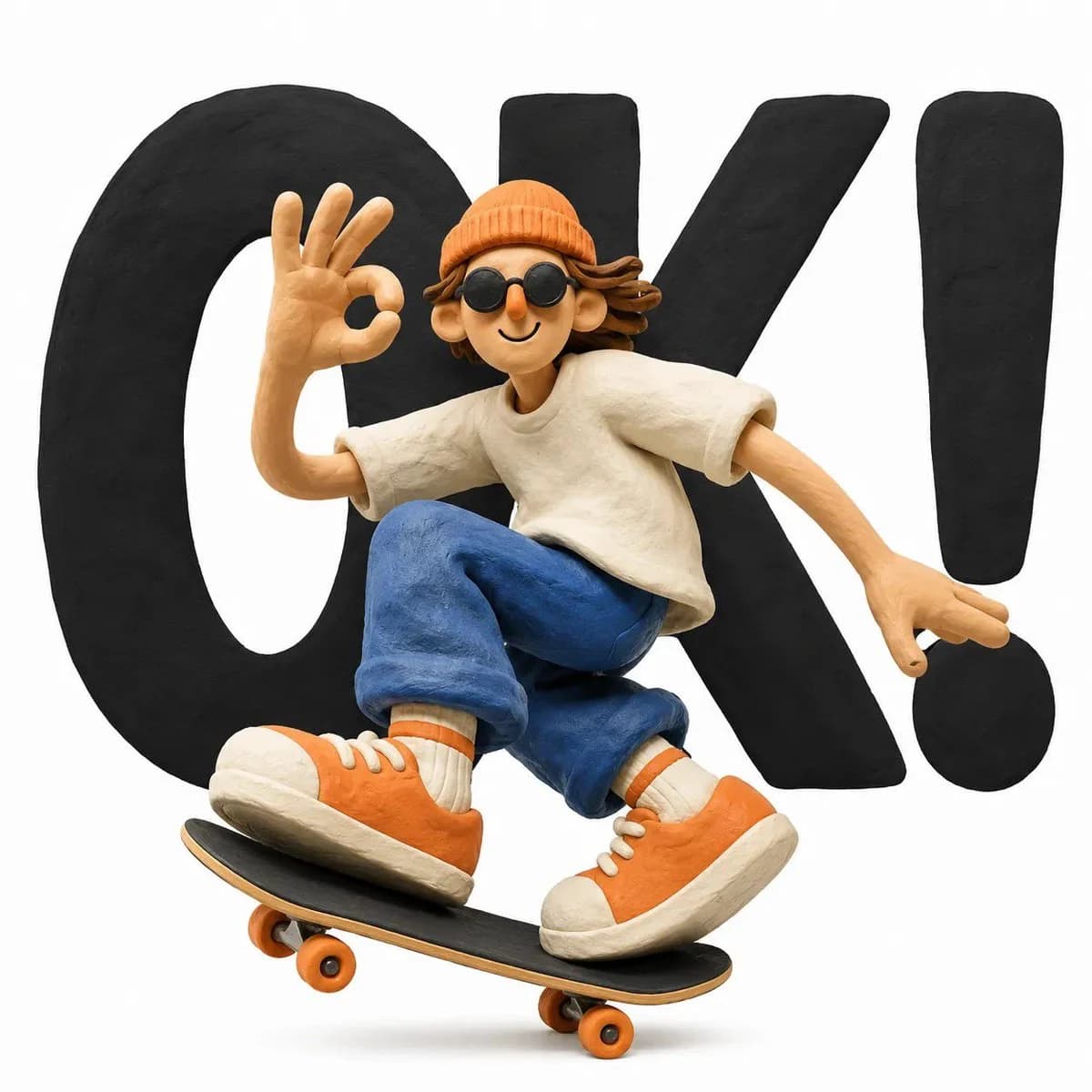 Whimsical handcrafted clay stop-motion character standing before giant bold typography on white