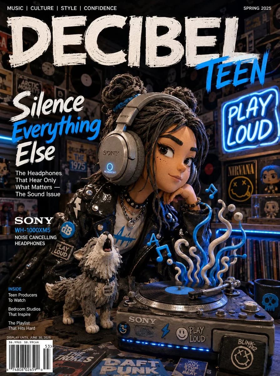 Claymation-style teen girl wearing headphones with tactile character detail, warm lighting and playful poster composition