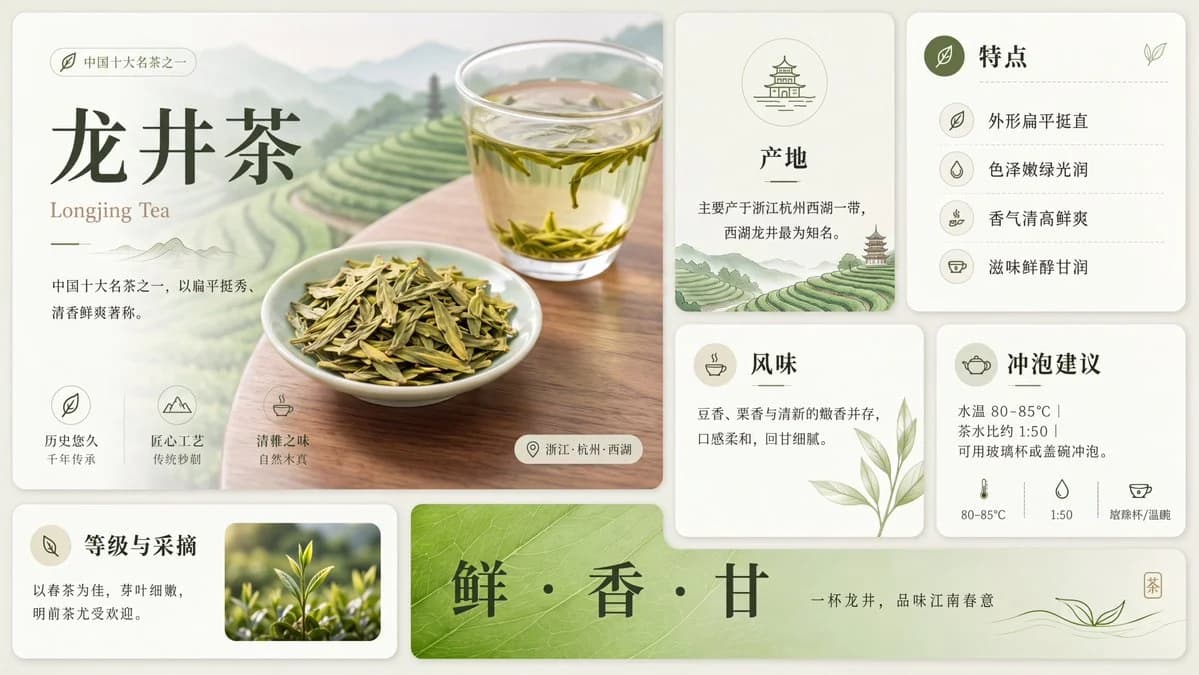 Clean Longjing Tea Infographic Upscale with structured callouts, clean hierarchy, and educational poster layout