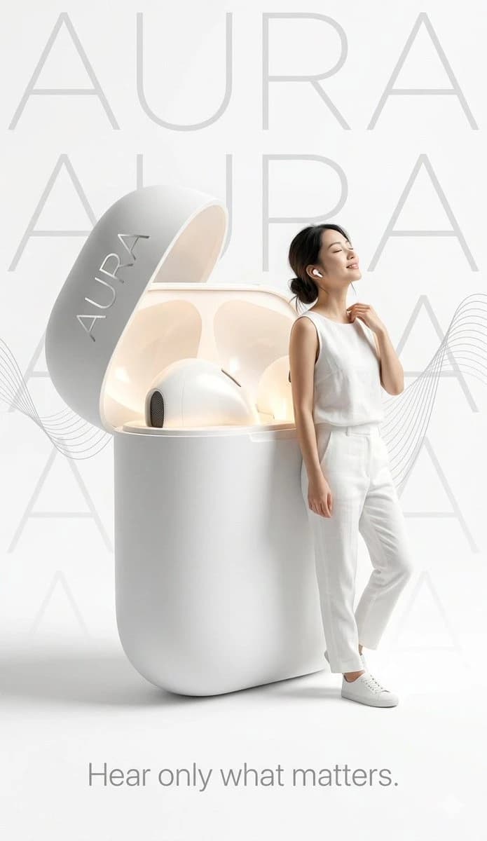 A stylish young woman in a white outfit enjoys music beside a giant glowing white earbud labeled "AURA" against a minimalist background