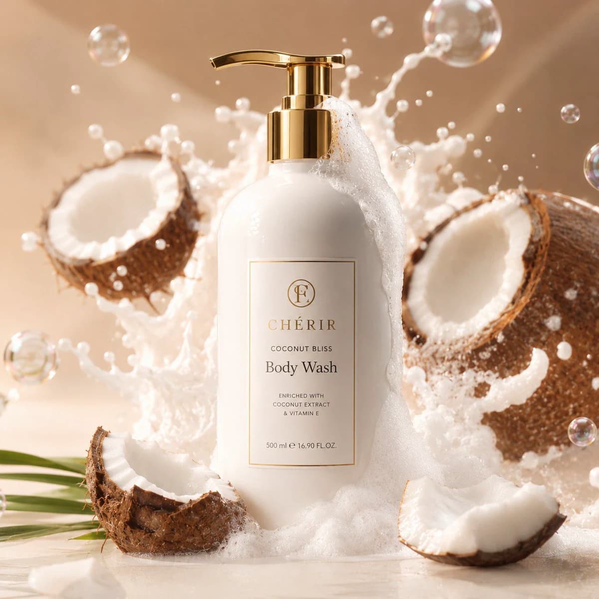 Luxury coconut skincare ad with white pump bottle, cracked coconuts, milk splash and tropical spa atmosphere