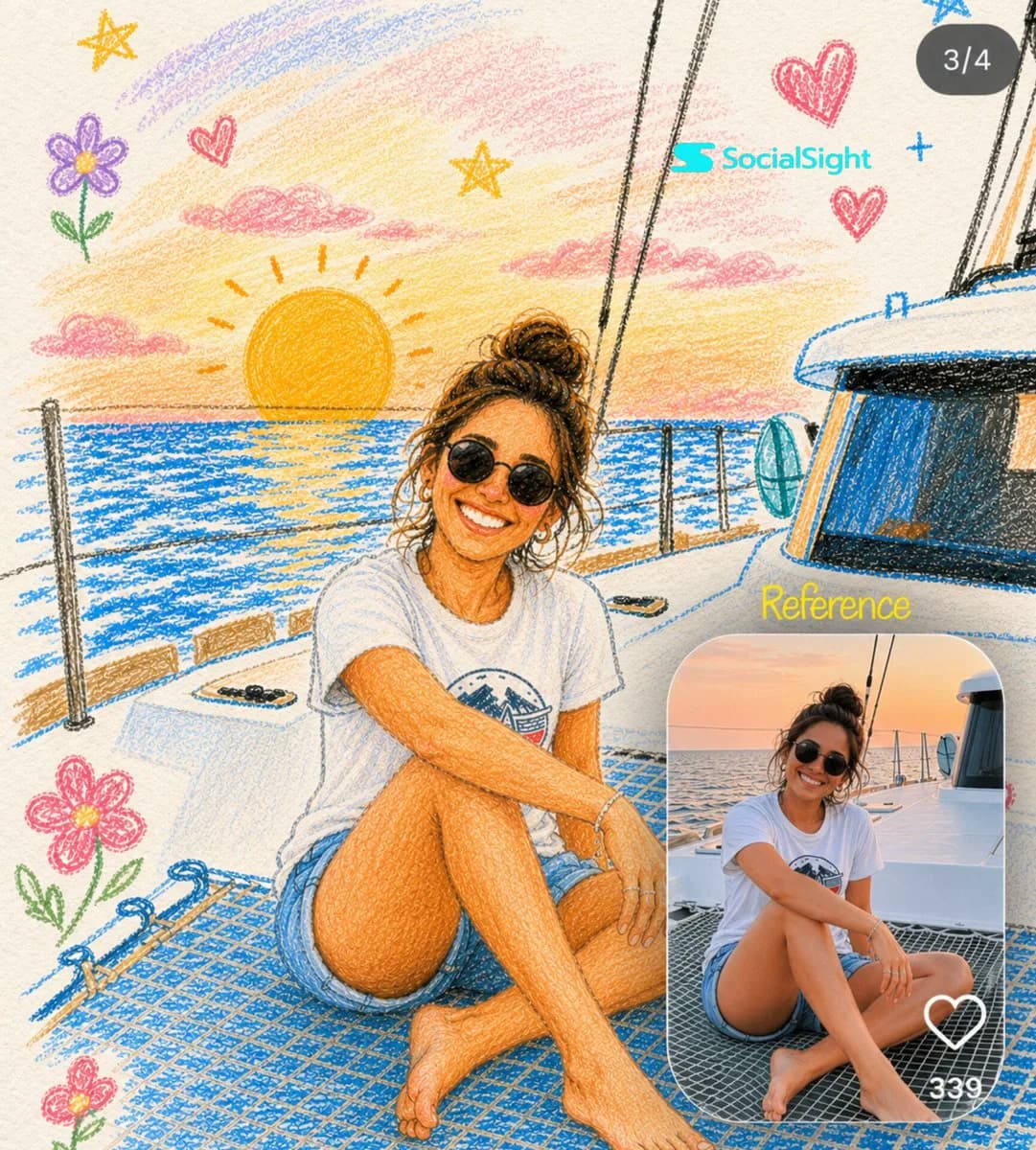 Before-and-after layout transforms a photo into a colored-pencil illustration with doodles and a reference inset