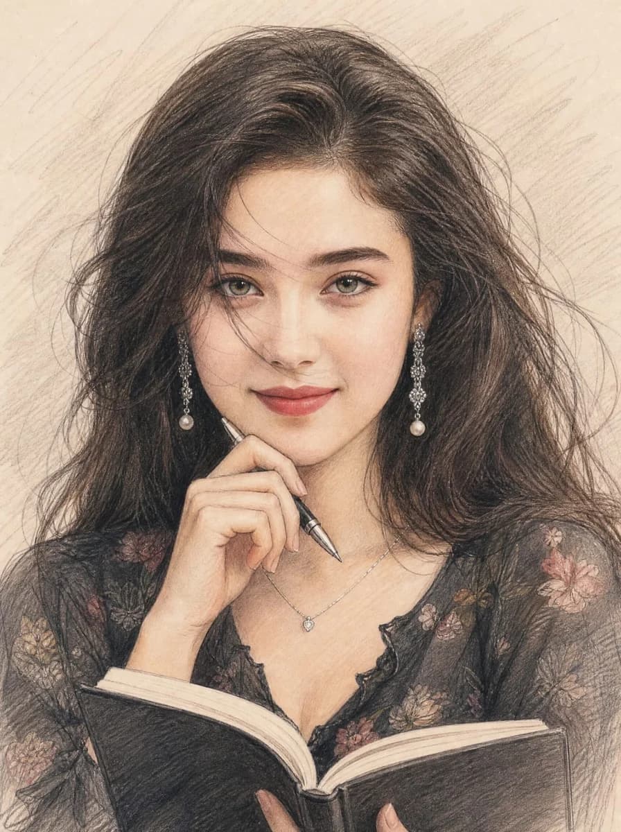 Colored pencil portrait sketch of a woman with expressive linework, soft shading and a clean paper background