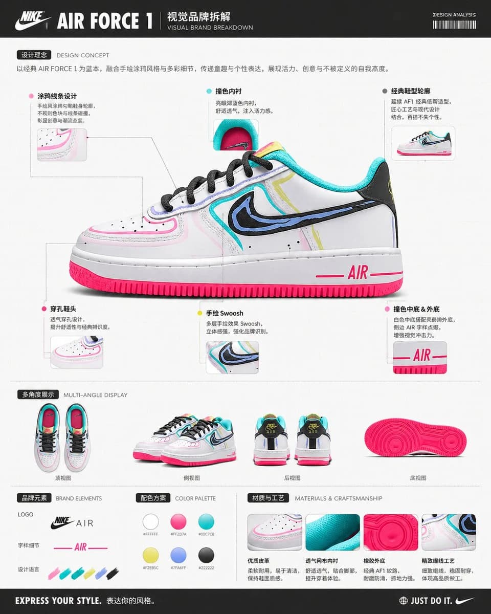 The visual brand breakdown features a Nike Air Force 1 sneaker, showcasing design concepts, color palette, and brand elements in a detailed layout