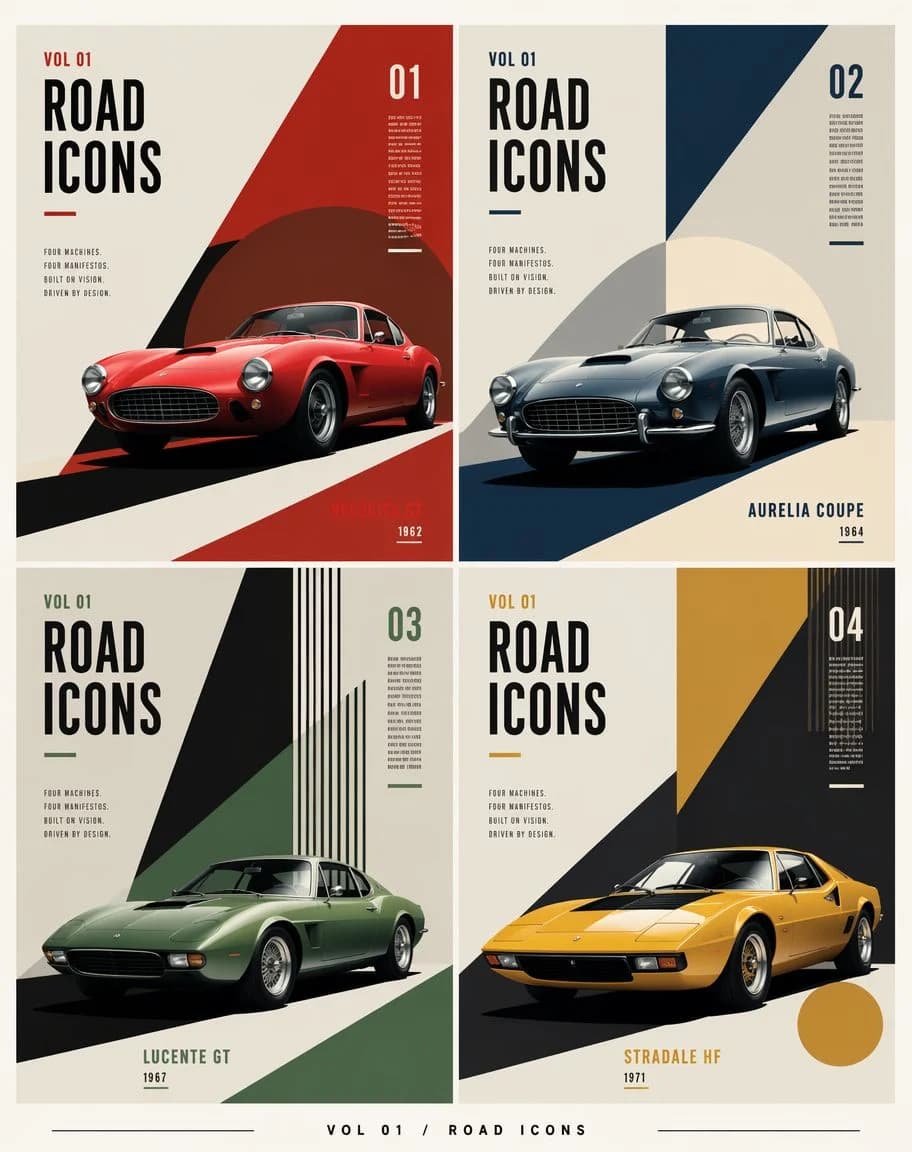 A constructivist editorial grid poster of four fictional classic sports cars, with bold panels, racing typography, and vintage colors