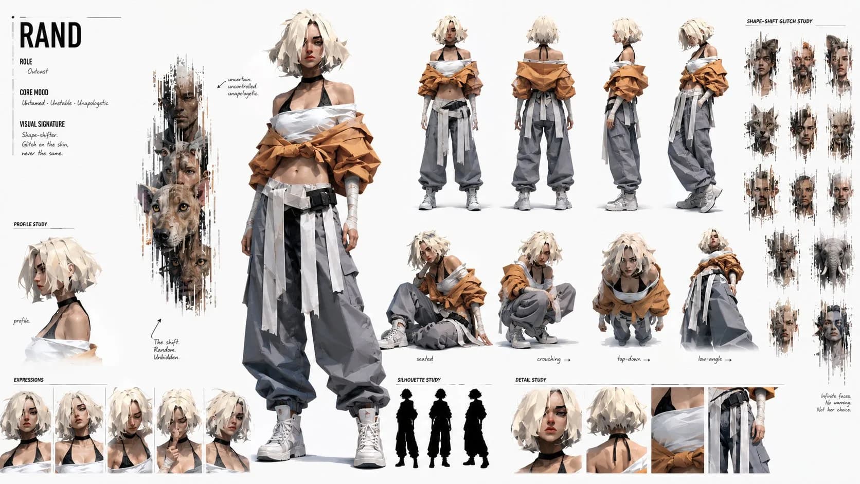 Character concept sheet with a futuristic warrior design, turnaround views, detail studies, silhouettes, and action poses