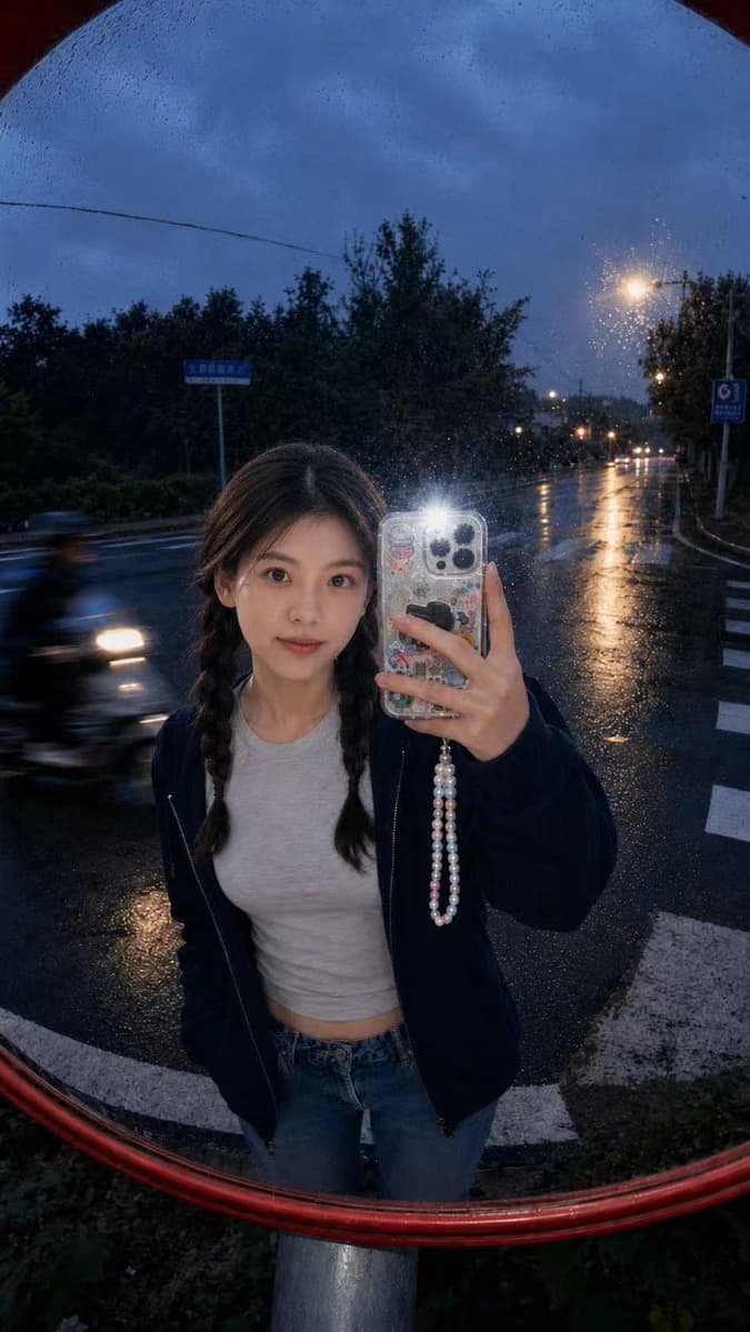 A young person takes a flash selfie in a convex mirror, wearing a dark hoodie and loose jeans, against a rainy street backdrop