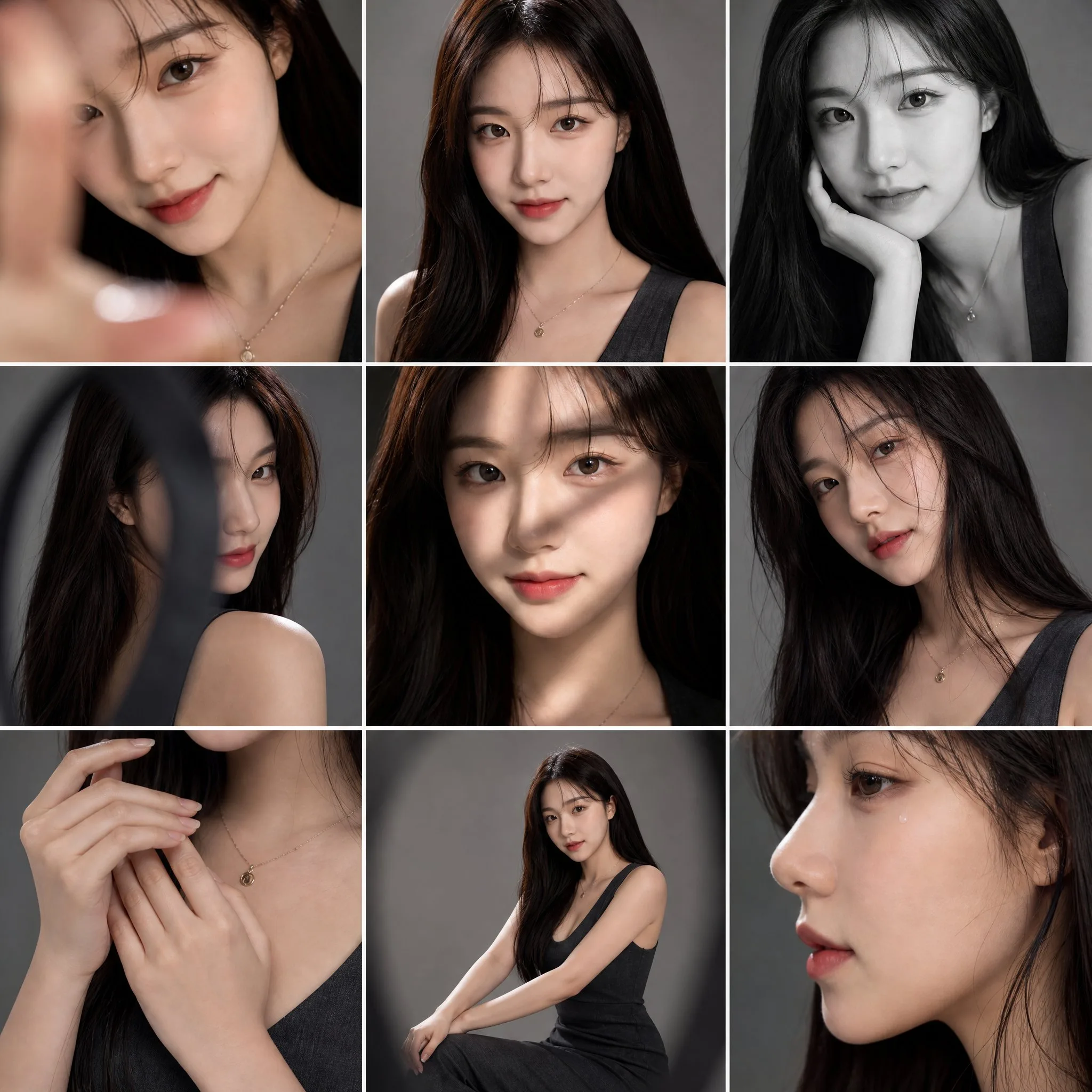 Cool grey 3x3 editorial portrait grid with close-ups and fashion poses of the same woman under soft studio light
