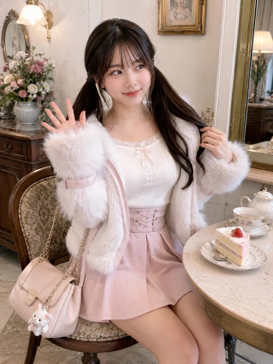 Coquette-style tea room portrait with soft feminine styling, delicate decor, and warm vintage cafe atmosphere.
