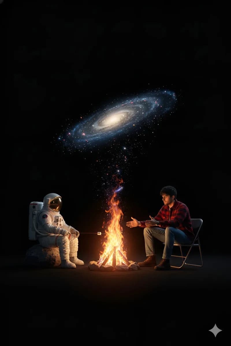 Astronaut and young man sit by a campfire in a black cosmic void as flames rise into a spiral galaxy