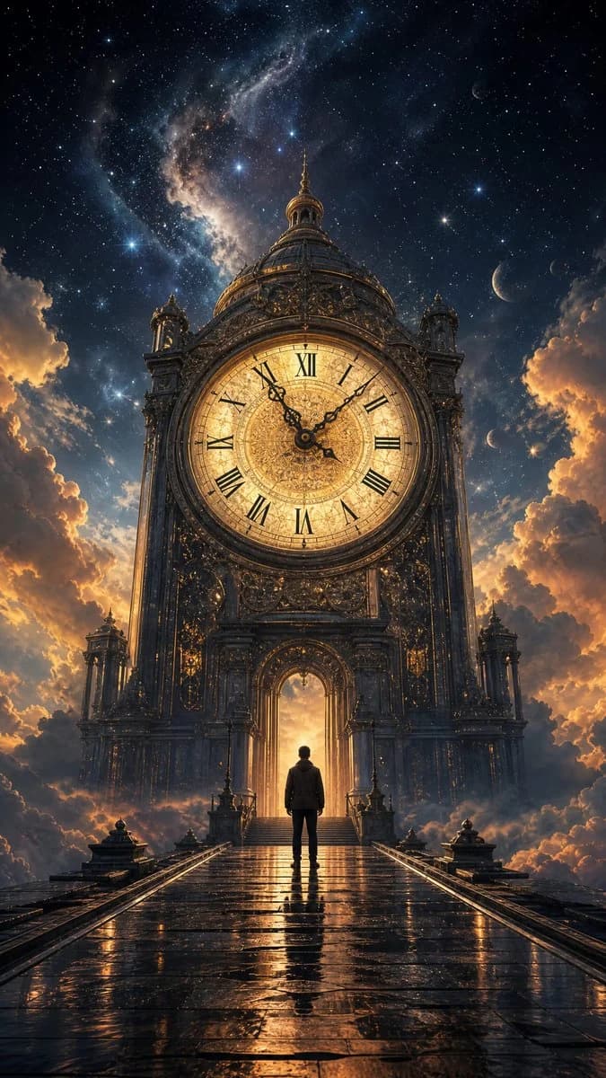 Cosmic Clock Tower Fantasy with sequential storytelling, expressive character design and cinematic panel composition