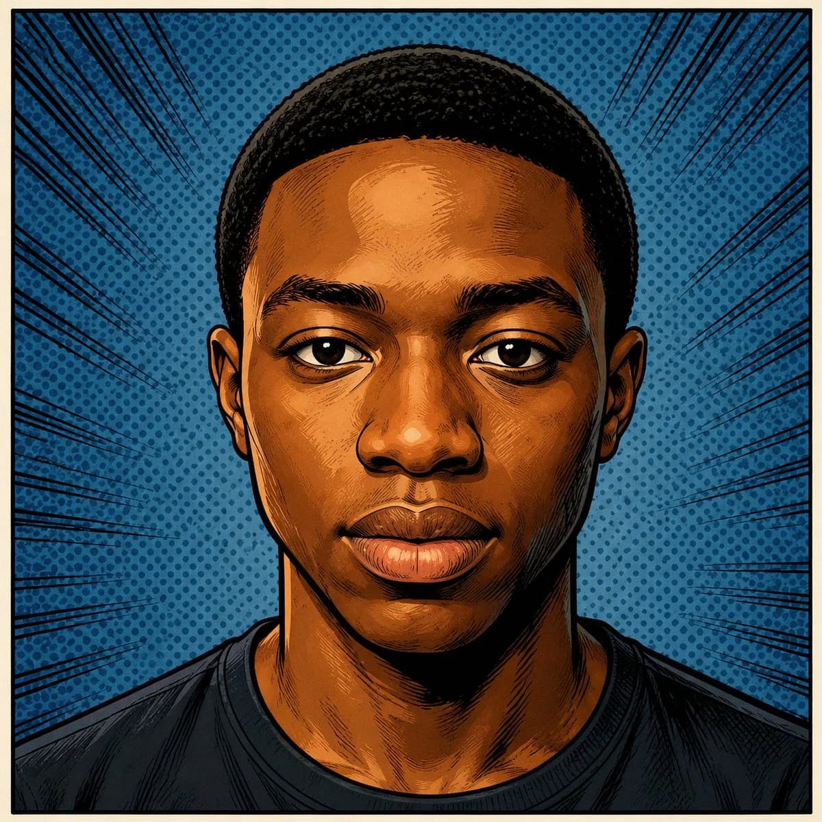 Square comic-book close-up portrait of a young Black man with bold ink outlines, warm skin shading, and a blue halftone burst background.