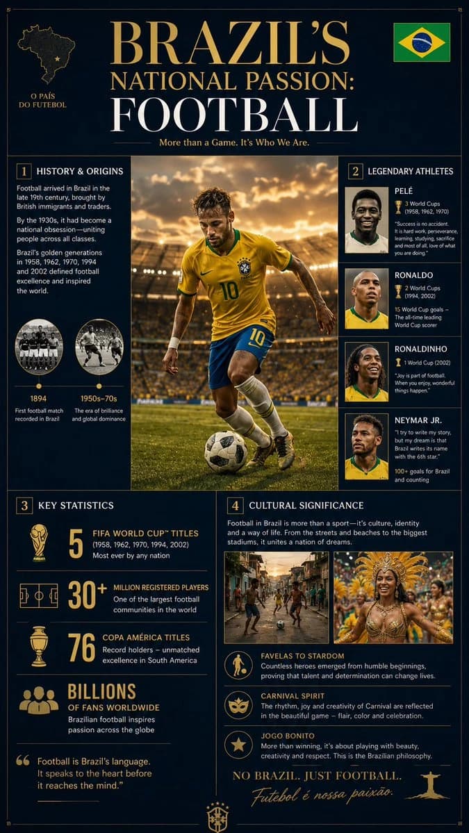 An infographic detailing Brazil's football history, featuring statistics and legendary players.